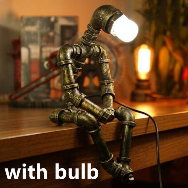 Robot Table Lamp Vintage Loft Iron Pipe Desk Lamp Industrial Led Table Lamps For Bedside Cafe Indoor Retro Decor Light Fixtures
