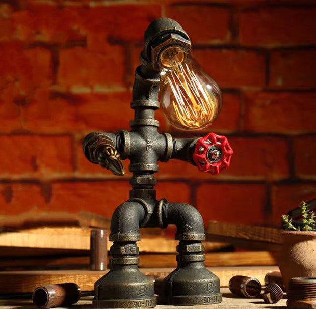 Robot Table Lamp Vintage Loft Iron Pipe Desk Lamp Industrial Led Table Lamps For Bedside Cafe Indoor Retro Decor Light Fixtures