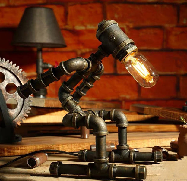 Robot Table Lamp Vintage Loft Iron Pipe Desk Lamp Industrial Led Table Lamps For Bedside Cafe Indoor Retro Decor Light Fixtures