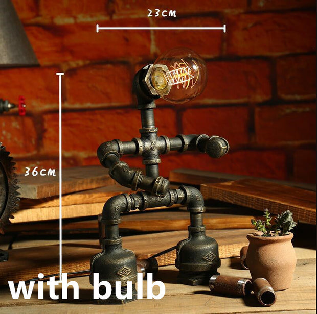 Robot Table Lamp Vintage Loft Iron Pipe Desk Lamp Industrial Led Table Lamps For Bedside Cafe Indoor Retro Decor Light Fixtures